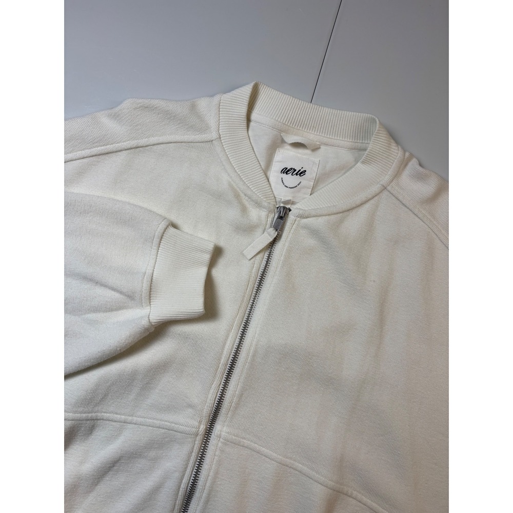 Aerie Women White‎ Oversized Full Zip Bomber Sweatshirt Cotton Textured Small